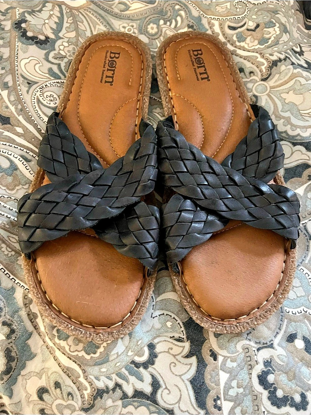 Born Braided Slide Sandals Leather Black US 9